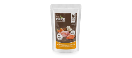saumon ​& poulet bio au saumon, poulet bio et légumes pour chats bePure