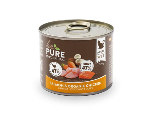 saumon ​& poulet bio au saumon, poulet bio et légumes pour chats bePure 200gr