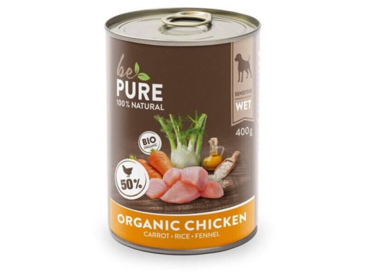 Organic Chicken au poulet bio, aux légumes et au riz pour chiens bePure 400gr