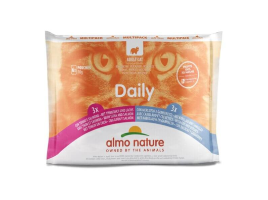 Almo Nature Daily aliment humide pour chats au thon, au saumon, au cabillaud et aux crevettes