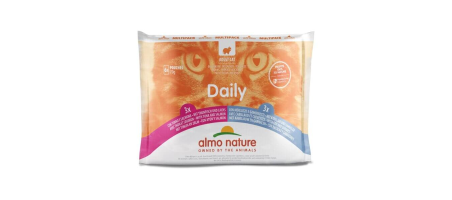 Almo Nature Daily aliment humide pour chats au thon, au saumon, au cabillaud et aux crevettes